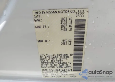 2022 Nissan Altima Sr Fwd from USA, damaged, VIN 1N4BL4CV1NN404343